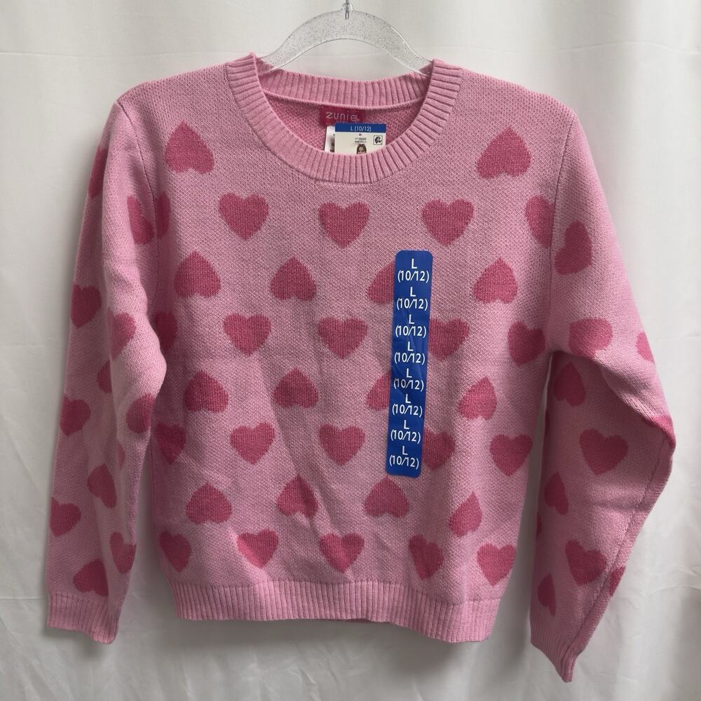 Zunie Girls Valentines Day Sweater Size Large (10/12) Pink Hearts